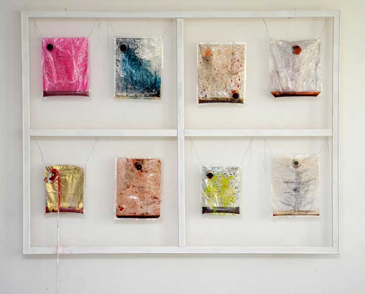 Vracs 2 – 9, - 2009 - 150 x 200 cm, 8 Kunststoffbeutel mit Flüssigkeiten, Fäden mit Nadeln, Stoff, Tinte, Tusche, Acryl, Holzrahmen