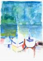 Segelboote im Hafen Lago Maggiore, Aquarell und Pinselzeichnung auf Papier, 42 x 29,5 cm, 2025
