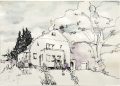 Verlassenes Haus, Fineliner, Aquarell auf Papier, 29,5 x 42 cm, 2025